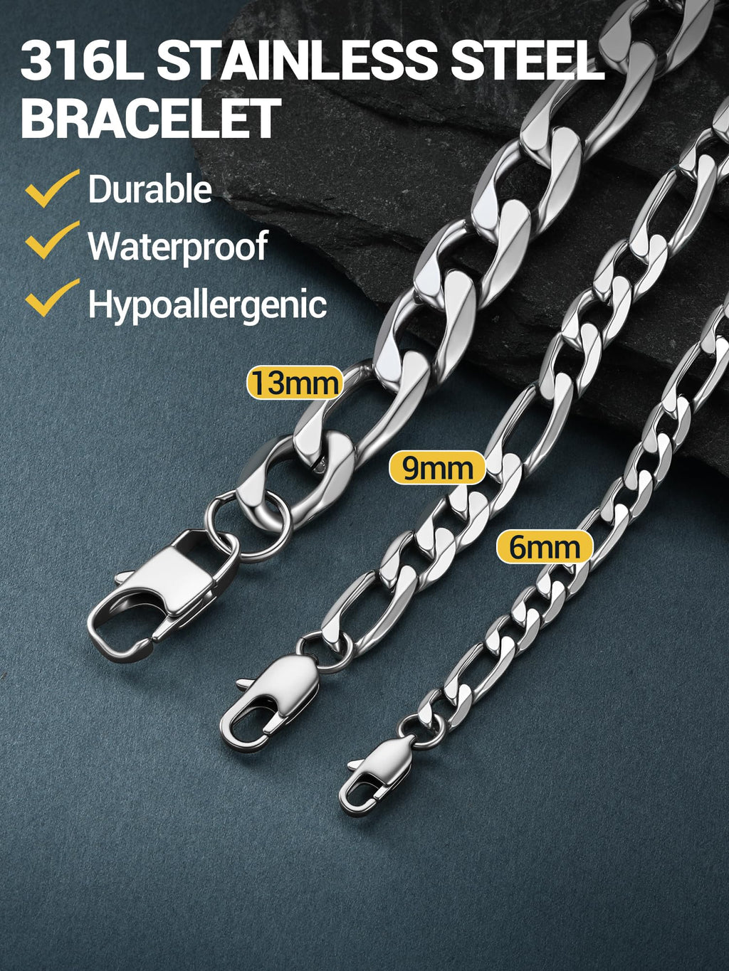 PROSTEEL Silver Bracelets for Men, Figaro Link, 7.5", 6mm
