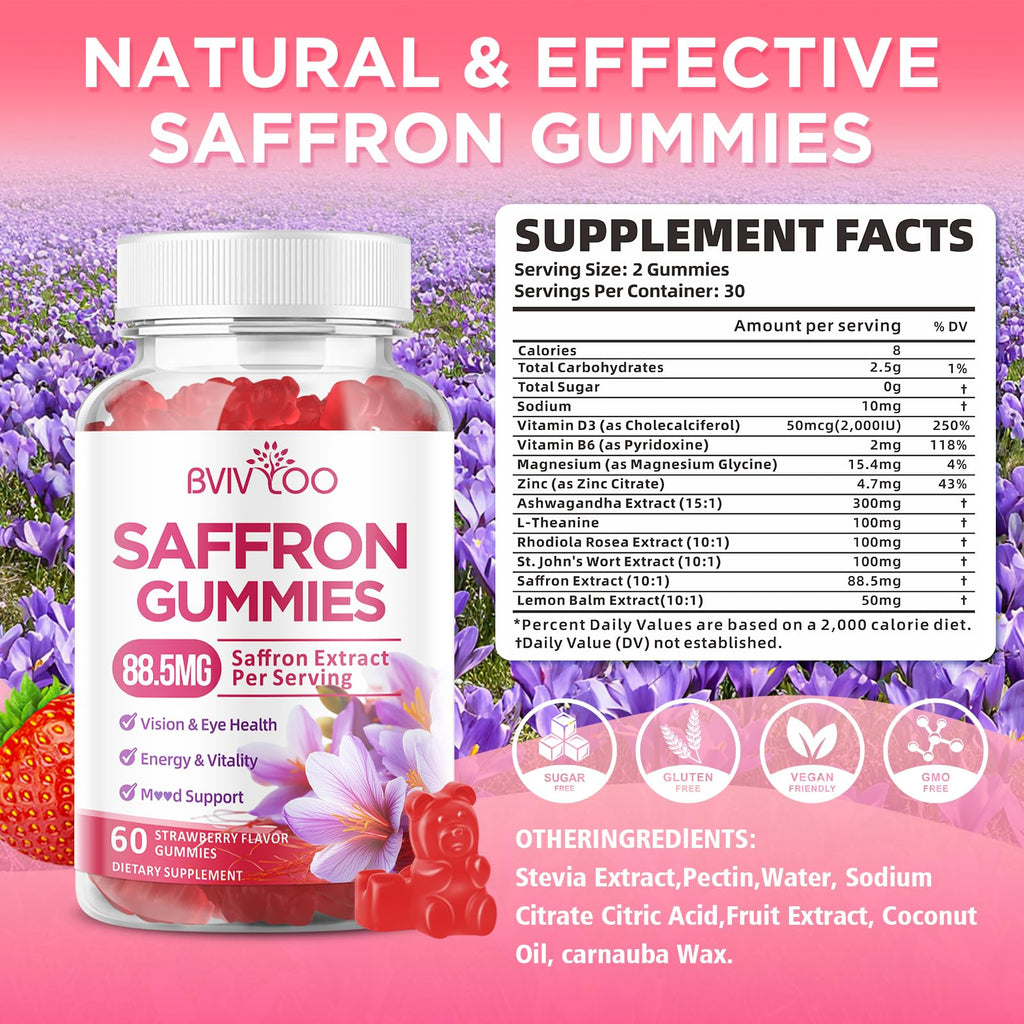 Saffron Gummies for Adult Kids, 10-IN-1 Formula with Saffron 88.5mg, Vitamins D3 & B6, Magnesium, Zinc, Ashwagandha, L-Theanine, St. John's Wort - Supports Mood & Focus, Strawberry Flavor, 60 Count