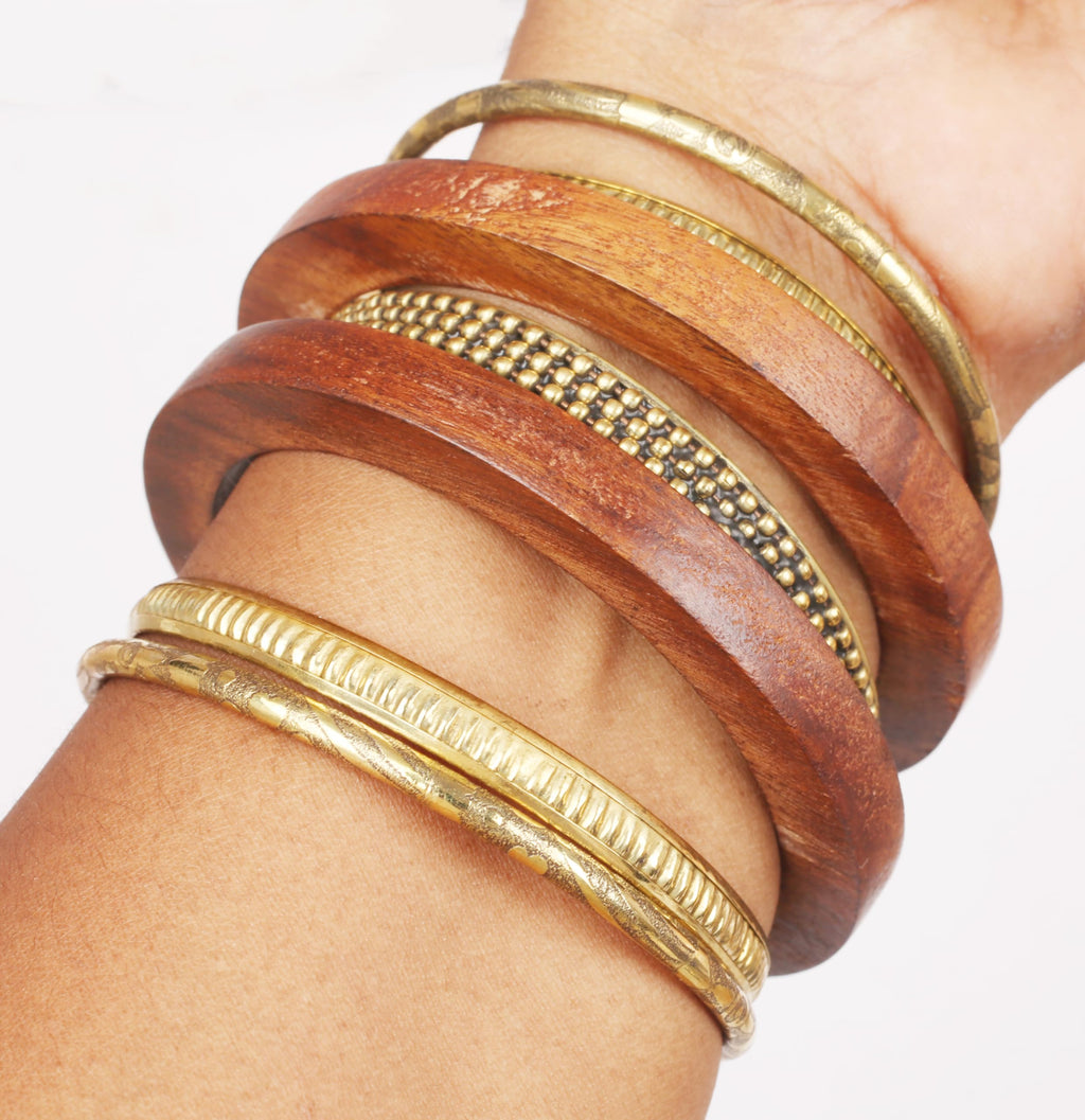 Touchstone wooden women bamboo wood jewelry african bangle bracelets gold bangles brown boho accessories chunky vacation brass statement natural rustic Indian bollywood handcrafted. Set of 7
