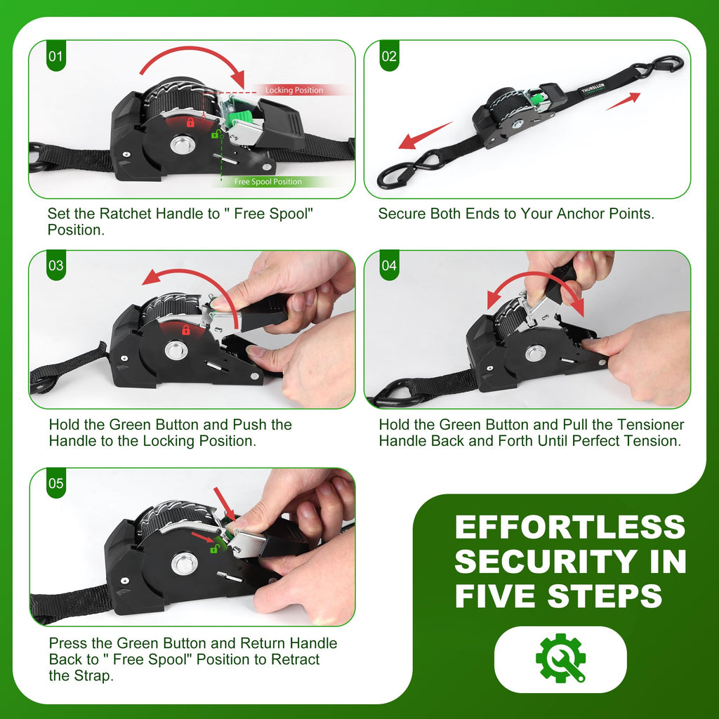 THURSLLON Retractable Ratchet Straps (4-Pack) - 1 Inch x 10 Feet (1,650lb Break Strength) - Auto Self Retracting Tie Down Straps for Truck, Cargo Trailer, Motorcycle, ATV, UTV - Black