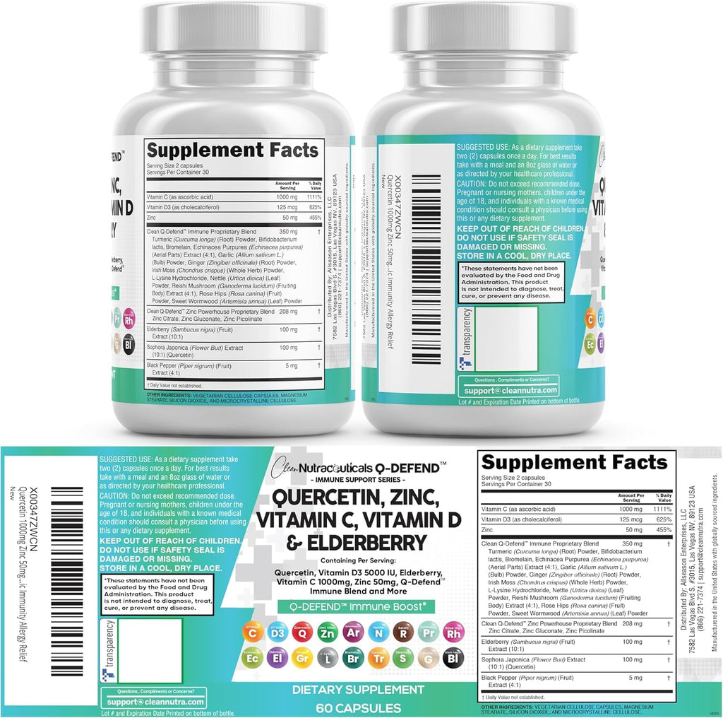 Q Defend Quercetin Supplement with Zinc Vitamin C Vitamin D Elderberry Turmeric Black Pepper Garlic Ginger Sea Moss Lysine Stinging Nettle Reishi Immune Support 60 Capsules Pack of 2 by Clean Nutra