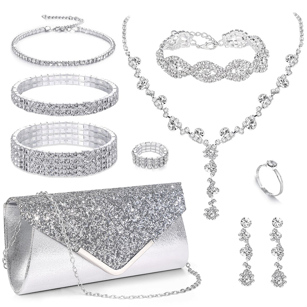 MEDOJO 10Pcs Silvery Rhinestone Jewelry Set for Women Bride Wedding Prom Jewelry Evening Rhinestone Sparkly Clutch Purse Bag Necklace Tennise Layered Bracelets CZ Ring Crystal Drop Earring Set