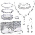 MEDOJO 10Pcs Silvery Rhinestone Jewelry Set for Women Bride Wedding Prom Jewelry Evening Rhinestone Sparkly Clutch Purse Bag Necklace Tennise Layered Bracelets CZ Ring Crystal Drop Earring Set