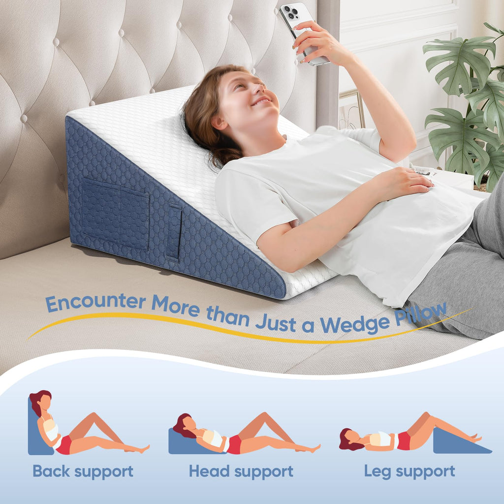 Welzona 12inch Wedge Pillow for Sleep, Updated Bed Wedge, Acid Reflux, Heartburn, GERD, Neck Pain, Cooling Memory Foam Top, Removable Washable Cover Incline Wedge Pillow for Improved Sleep