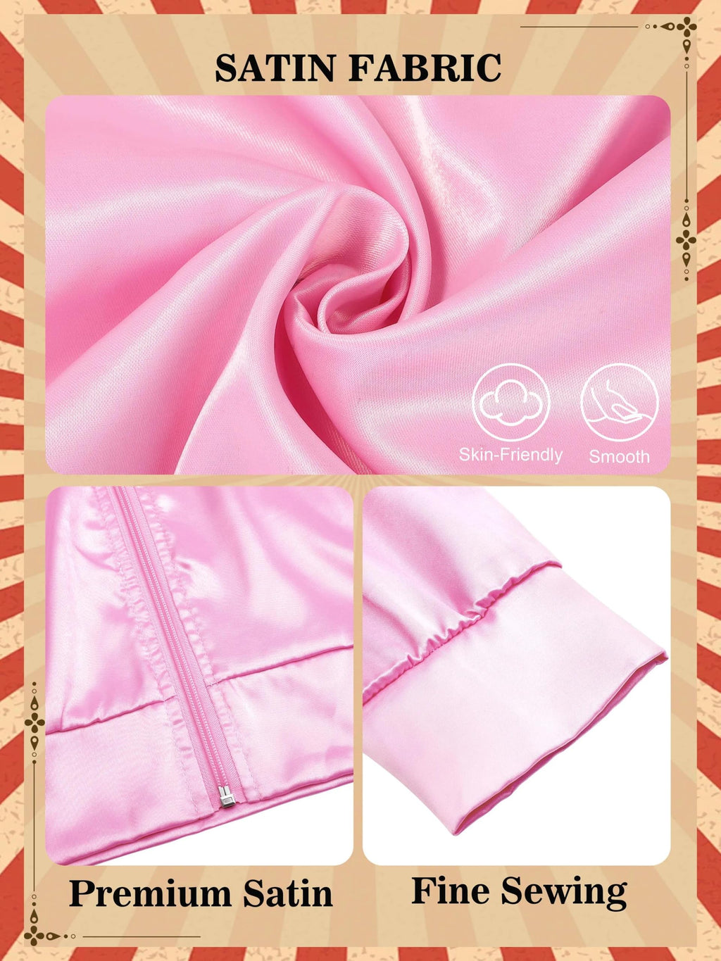 SOMSOC 1950s Pink Satin Jacket with Neck Scarf Headband Earrings Cat Eye Glasses Halloween Cosplay Costume Set for Women Girl