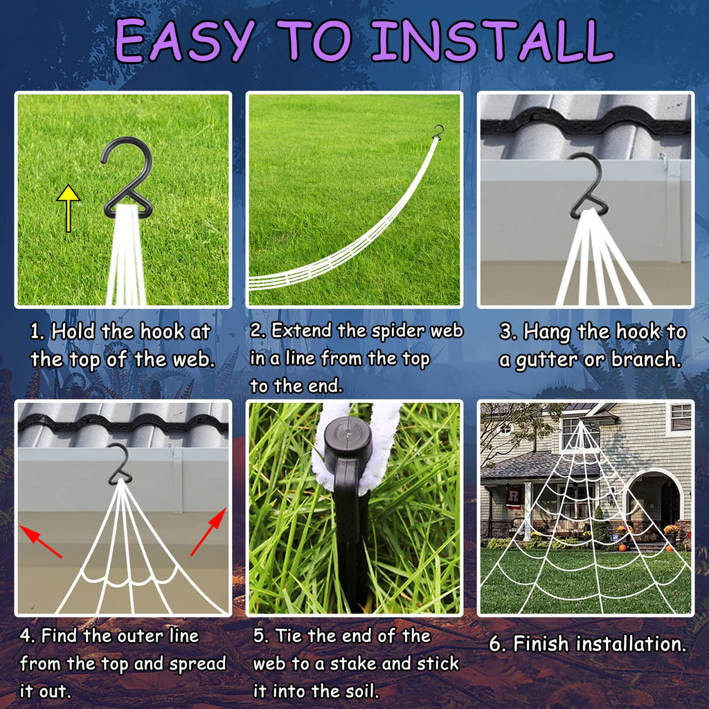 Spider Web Halloween Decorations Outdoor Lights, 125 Purple LED Light Up 16.4Ft Giant Spiderweb & 60" Large Spider & 22 Small Spiders & 20g Stretch Cobweb, 8 Modes Lighted Decor for Yard Outside