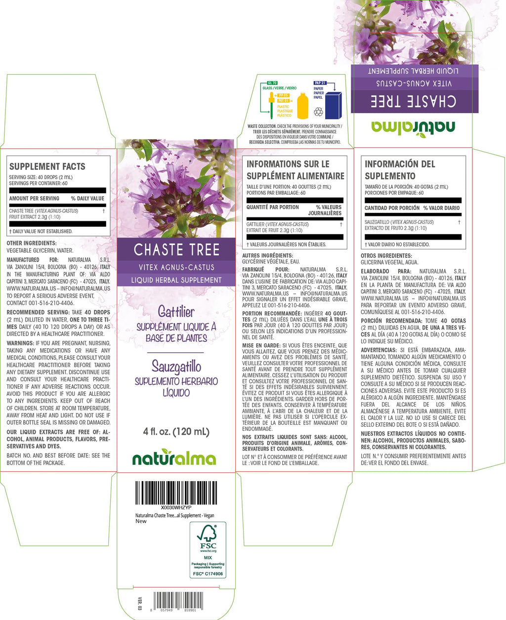 Naturalma Chaste Tree (Vitex Agnus-castus) Fruit Alcohol-Free Tincture - 4 fl oz Liquid Extract in Drops - Herbal Supplement - Vegan