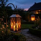 Solar Outdoor Lantern, Garden Hanging Waterproof Lanterns PVC Upgrade 3 LED Flickering Flameless Candle Decorative for Garden Women Mom Grandma Halloween Gifts (Grid Candle)
