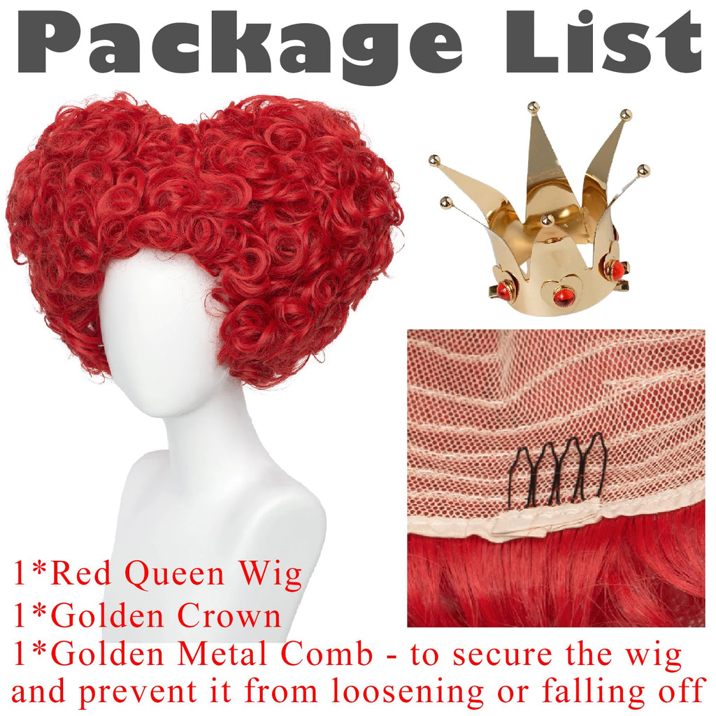 Wiggy Mermaid Red Heart Queen Wig Costume Women and Crown Cosplay Girls Pre-styled Fluffy Short Curly Halloween Anime Cosplay Party Wigs with Cap One Size