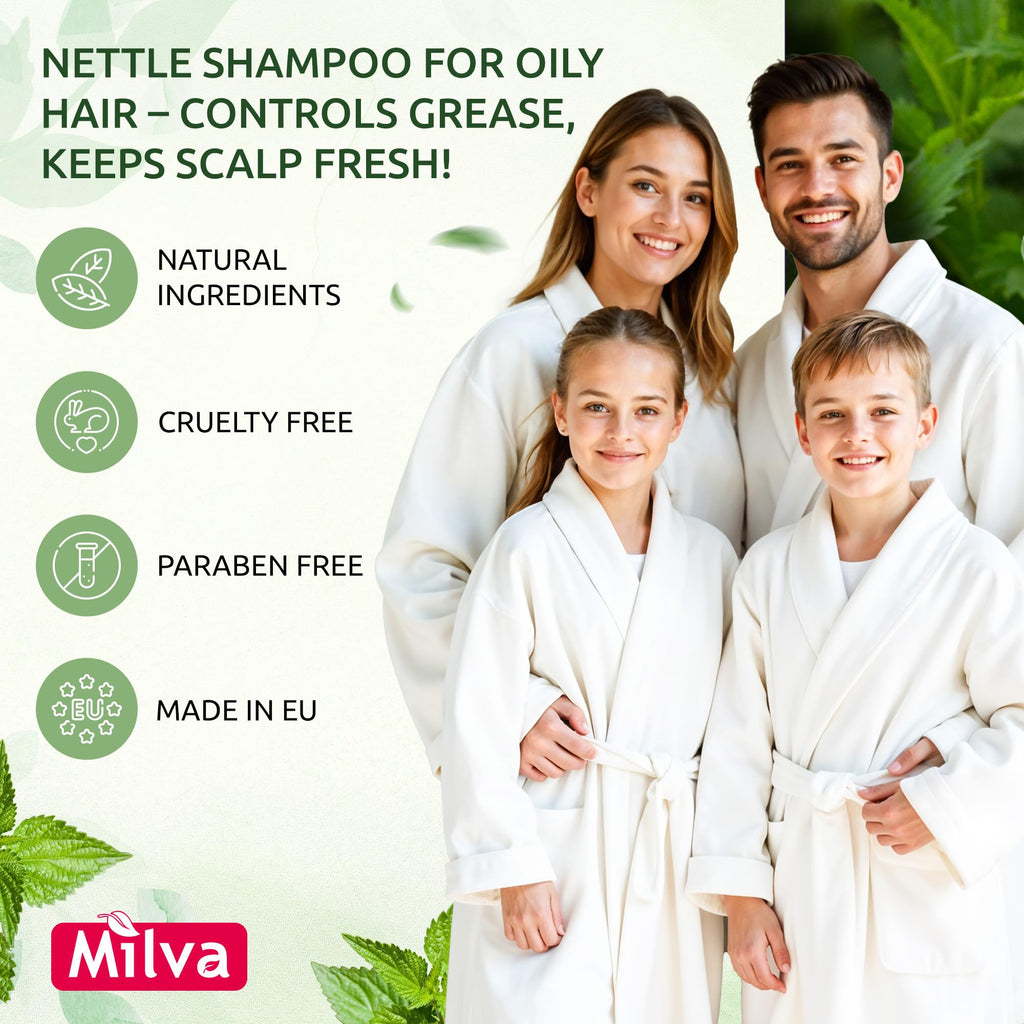 Milva Nettle Shampoo for Oily Hair - 6.7 Fl Oz Natural Oily Hair Shampoo for Greasy Roots & Scalp - Clarifying Degrease Treatment - Control Sebum, Add Volume & Shine - Made in Bulgaria - 200ml