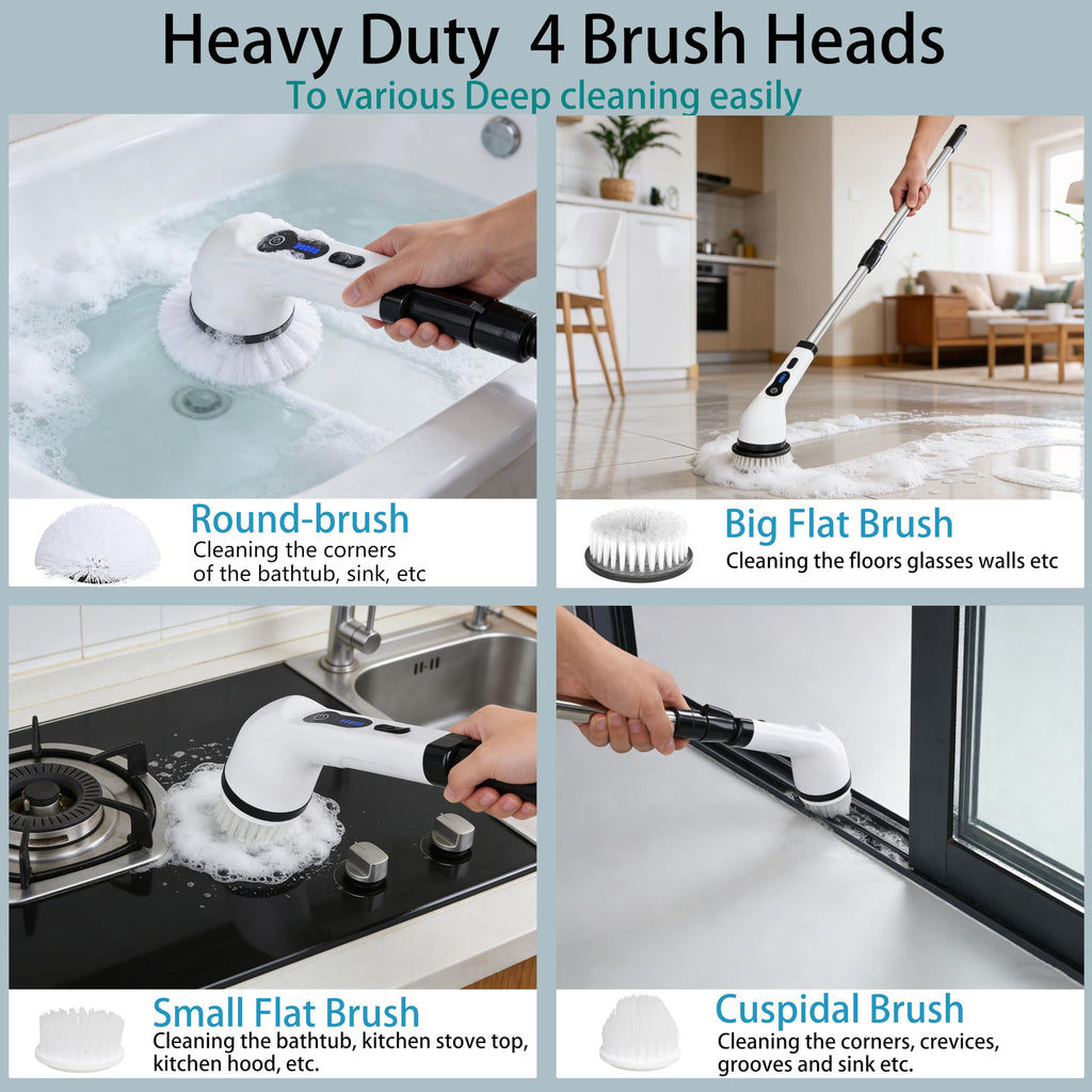 Electric Spin Scrubber Shower Cleaner Brush Cordless Power Cleaning 8 Brush Heads Extendable Handle 3 Adjustable 2 Speeds IPX7 Waterproof for Bathroom Kitchen