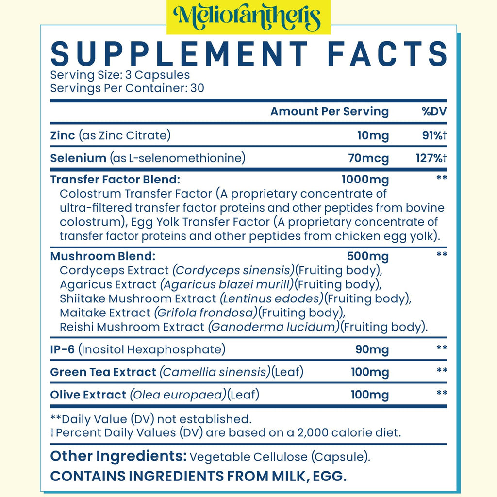 Meliorantheris Transfer Factor 1800mg | Colostrum & Egg Yolk Extracts with Zinc and Selenium | Immune & Cognitive Support | 90 Capsules（2 Bottle）