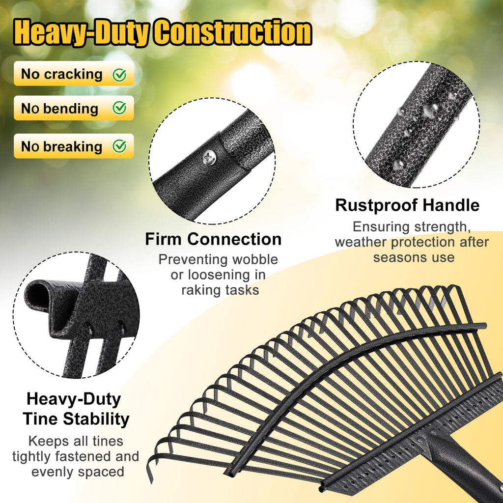 Garden Rake for Leaves: 18” Wide Metal Leaf Rake, 65” Long Adjustable Handle, Heavy Duty 25 Teeth, Fast Kids Women Large Lawn Yard Garden Leaf Cleanup Gardening Rakes: Grass,Debris,Pine Needles Pick