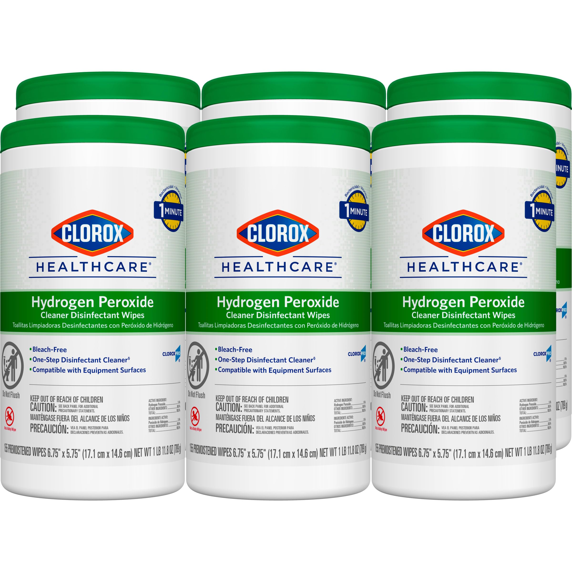 Clorox Healthcare Hydrogen Peroxide Cleaner Disinfectant Wipes, 6.75" x 5.75", 155 Count, Pack of 6 (Package May Vary)