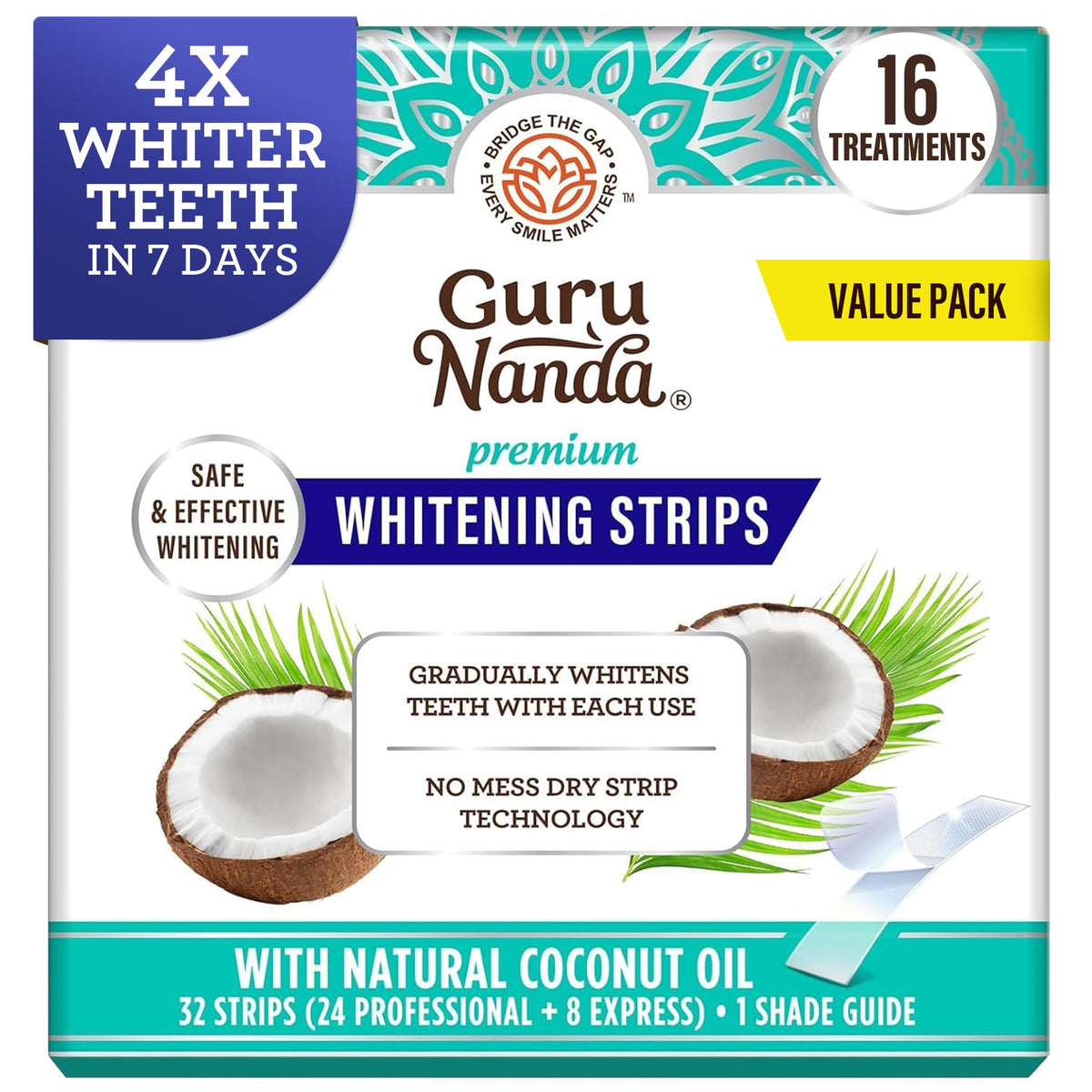 GuruNanda Teeth Whitening Strips - 4X Whiter Teeth, 16-Day Whitening Kit