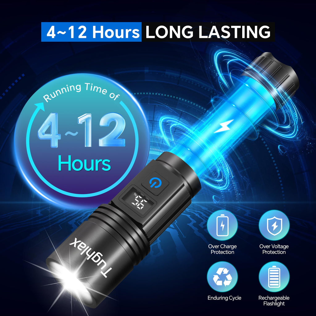 Tughlax 3Pack Rechargeable Flashlights High Lumens, Super Bright Flashlight with LCD Digital Display, 5 Modes Adjustable LED Flashlight Tactical Flashlights High Powered, Flash Lights for Emergency