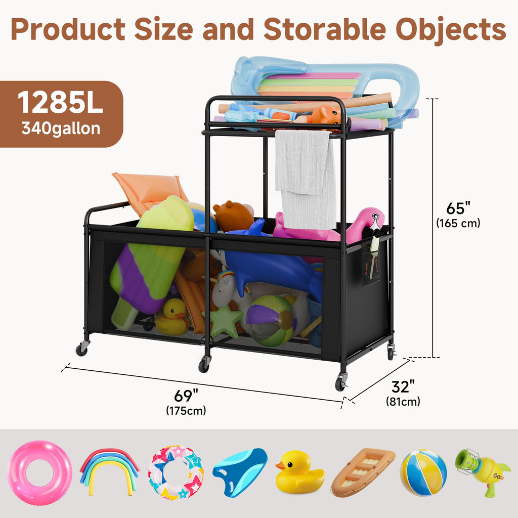 StorageWorks Pool Float Storage, 340 Gallon Rolling Pool Storage Bin, Two-Tier Mesh Swimming Pool Toy Storage, Pool Noodles Holder for Toys, Floats, Balls and Floats Equipment, Black