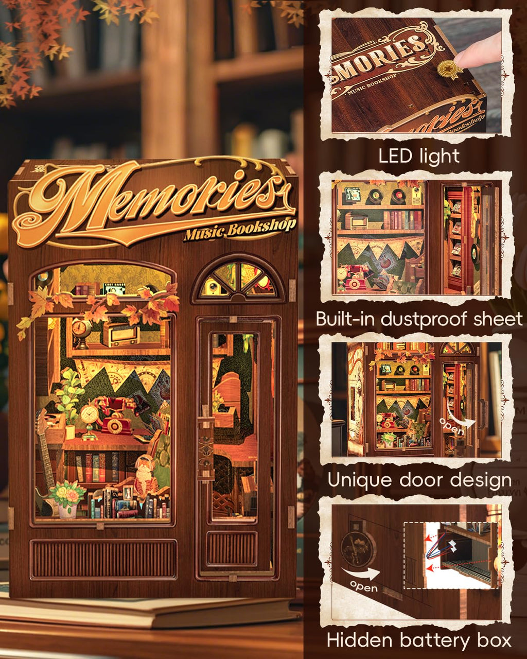CUTEBEE Book Nook Kit - DIY Miniature House Dollhouse Kit for Adult and Teens, Booknook Bookshelf Decor Alley Model Build with LED Light, Gifts for Family and Friends (Memories Music Bookshop)