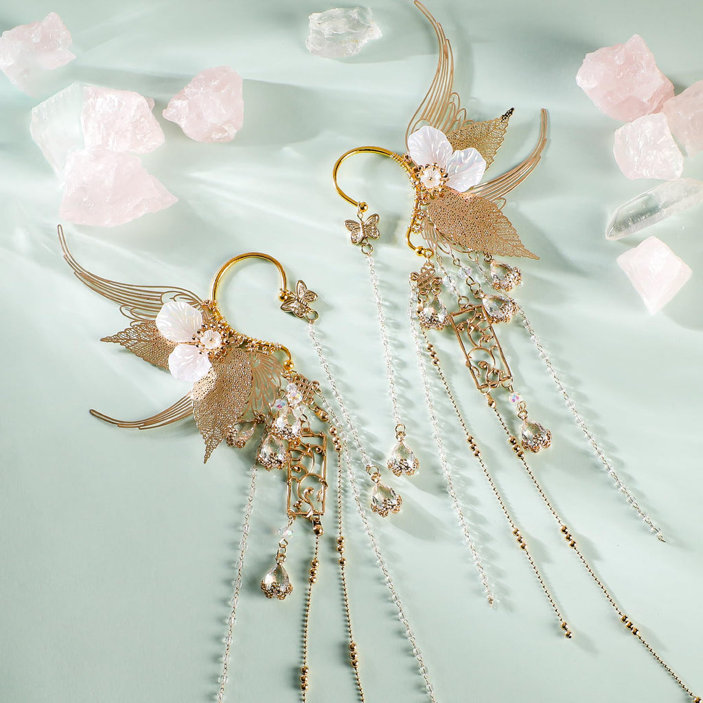 Renaissance Fairy Elf Ear Cuffs - Gold Mermaid Ears Elven Ear Cuffs with Tassel Butterfly Ear Wrap Earrings Non Piercing Earrings for Women Renfaire Halloween Christmas Dress Up Cosplay Accessories