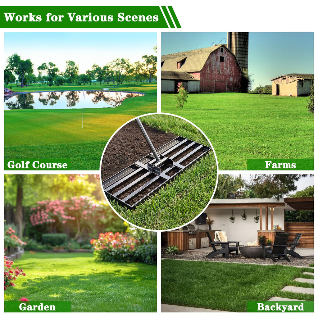 Tegarbed Lawn Leveling Rake 30x10 inch - Professional Ground Leveler for Soil & Sand, 6.5FT Ergonomic Long Handle Landscape Rake for Garden, Backyard, Top Dressing , Black