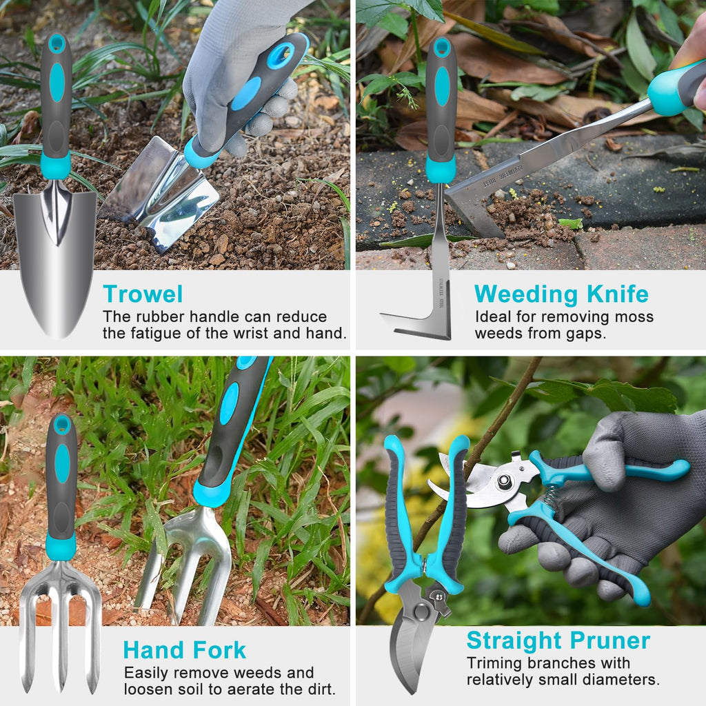 Gardening Tools, Carsolt 10 Piece Heavy Duty Stainless Steel Garden Tools Set with Ergonomic Rubber Handle. Variety of Gardening Hand Tools with Gift Box Ideal Garden Gifts for Women