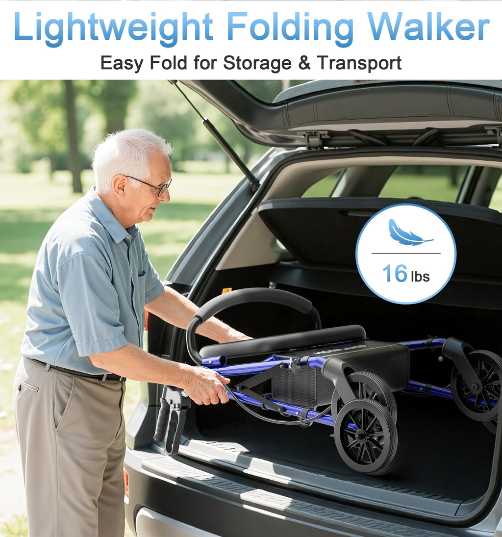 Walkers for Seniors with Seat, Lightweight 16 Pounds Folding Rolling Walker with 6-Inch Puncture-Resistant Wheel, 5-Level Height Adjustable, 300 lb Weight Capacity