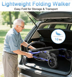Walkers for Seniors with Seat, Lightweight 16 Pounds Folding Rolling Walker with 6-Inch Puncture-Resistant Wheel, 5-Level Height Adjustable, 300 lb Weight Capacity
