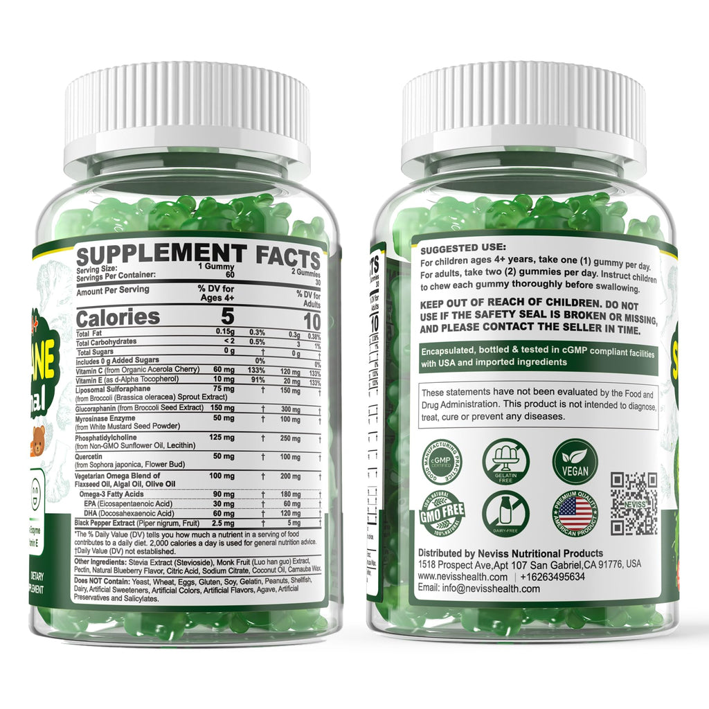 Liposomal Sulforaphane Supplement, Broccoli Gummies, Broccoli Sprouts Extract w/Myrosinase, Omega-3, Vitamin C, E for Kids 4+ & Adults, Supports Cognitive, Brain, Cellular Health, Antioxidant, 120 Cts