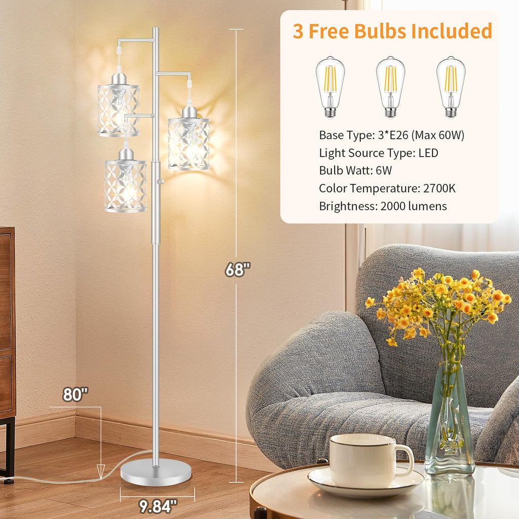 GHOOCEMLUX Dimmable Floor Lamp, Farmhouse Standing Lamp with Elegant Metal Cages, Industrial Tall Tree Floor Lamps for Living Room, Bedroom, Study Room, Office, 2000LM LED Bulbs Included -68", Silver