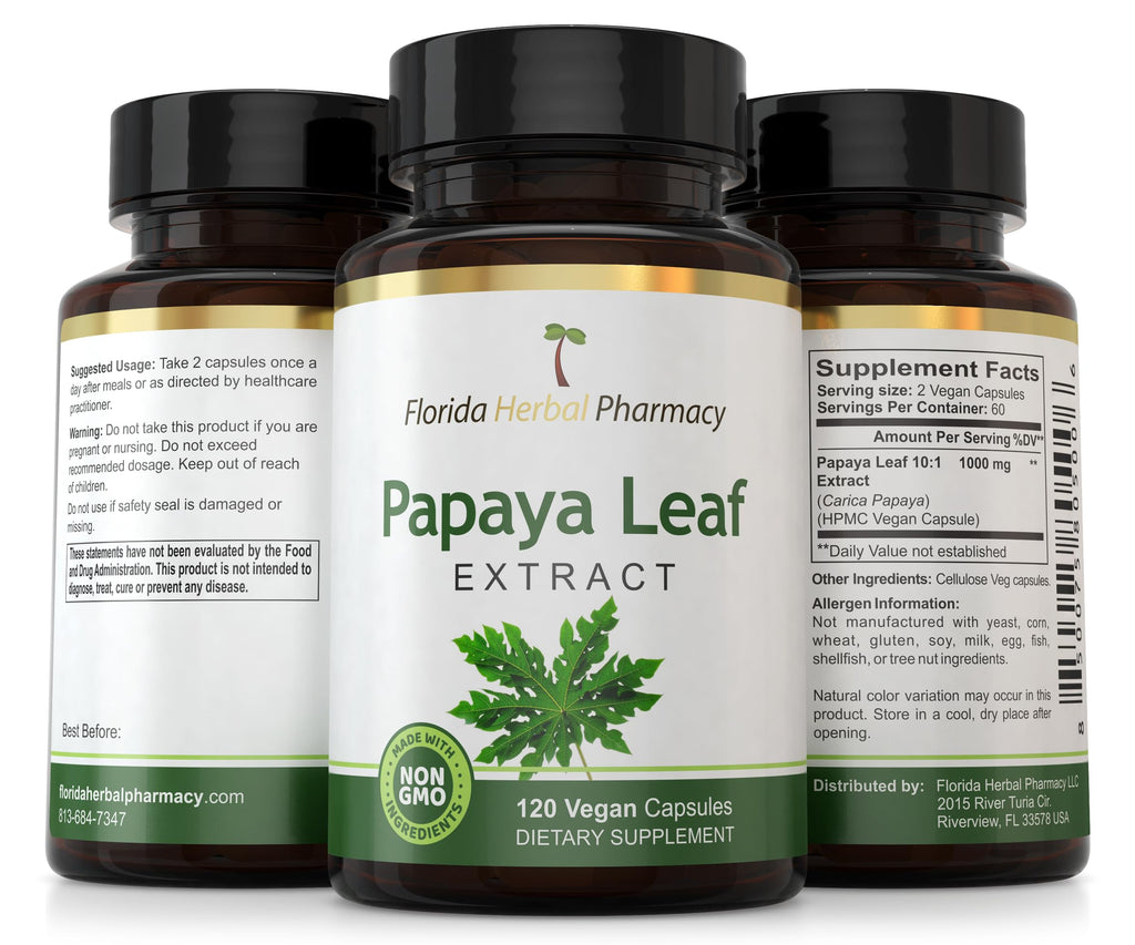 Florida Herbal Pharmacy, Papaya Leaf Extract Capsules 10:1 (120 Capsules) 500 mg per Capsule, 1000 mg Serving (Pack of 1)