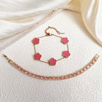 2Pcs Stackable Bracelet Set for Women Pink CZ Tennis and Clover Bracelet