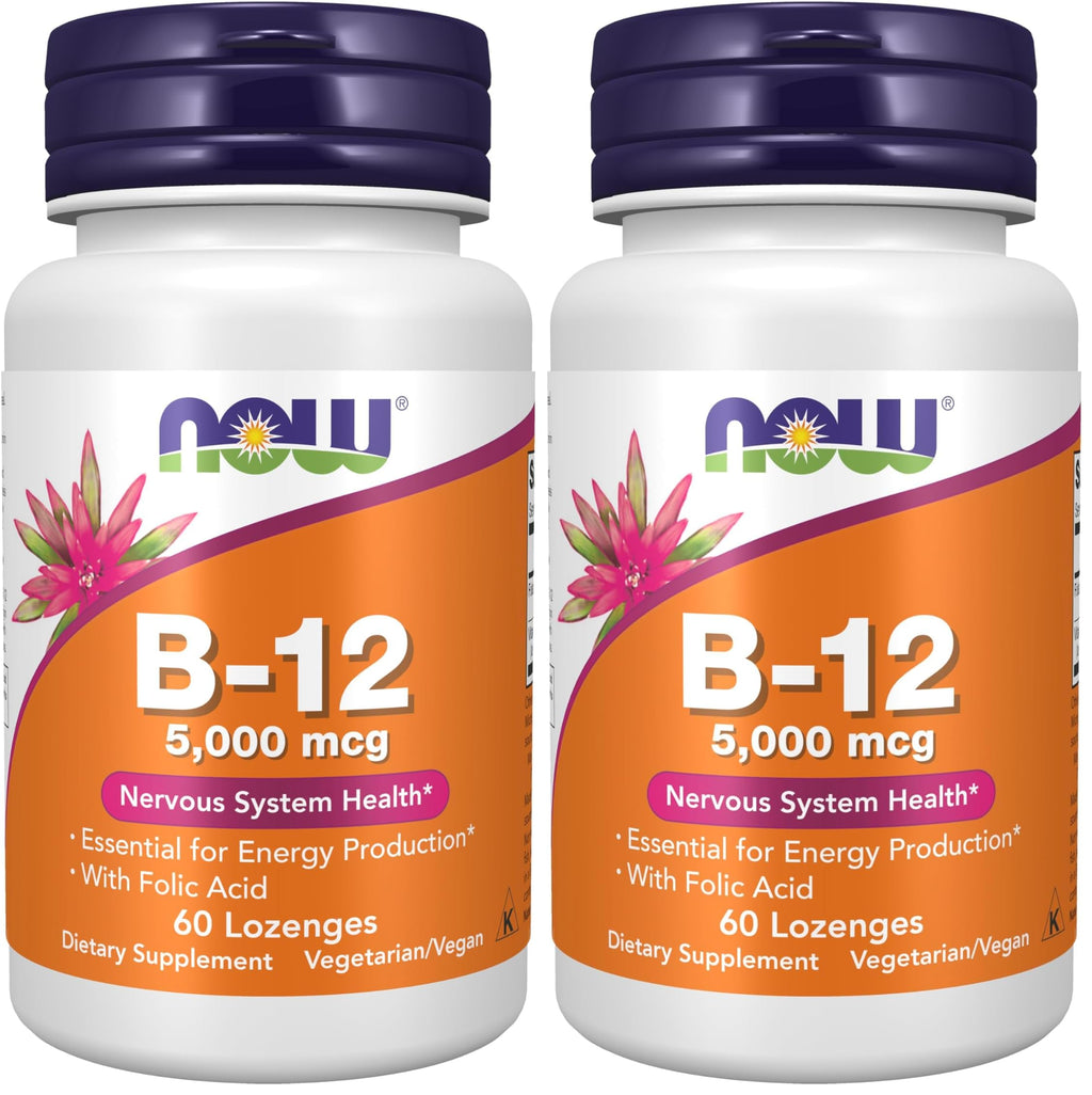 NOW Foods Supplements, Vitamin B-12 5,000 mcg, with Folic Acid, Nervous System Health*, 60 Count (Pack of 2)