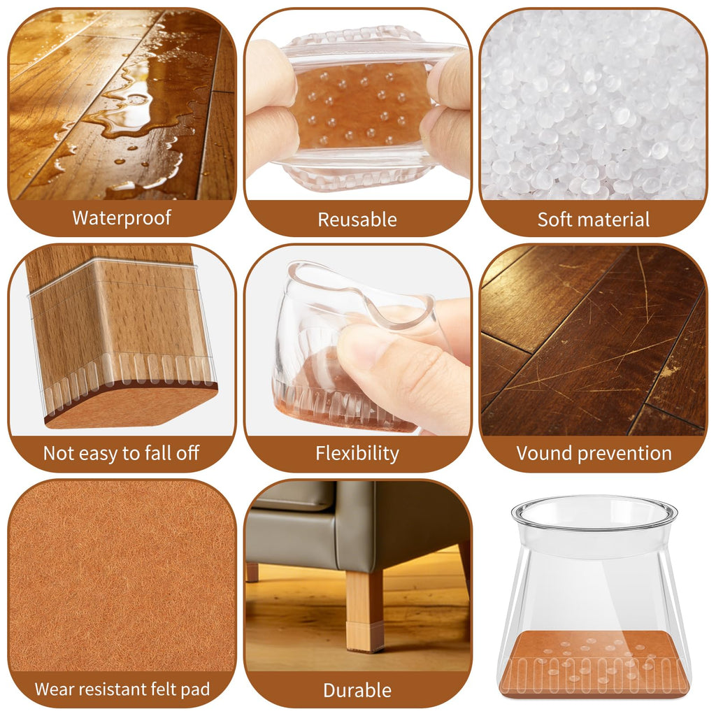 Chair Leg Floor Protectors - 24 Pcs Silicone & Felt Pads for Hardwood Floors - Anti-Scratch Furniture Sliders, Noise-Reducing Chair Feet Covers - Furniture Leg Caps Fit Sizes to(1.06"-1.54")