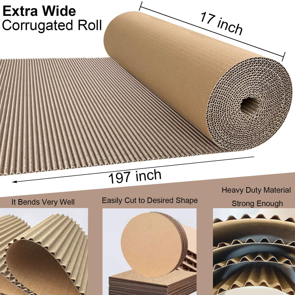 SYOGUA Corrugated Cardboard Roll, 17 x 197 Inches Thicker Wider Corrugated Paper, Single Face Large Cardboard Sheets Thick Cardboard Roll for Crafts, Shipping, Mailing, Gift Packaging