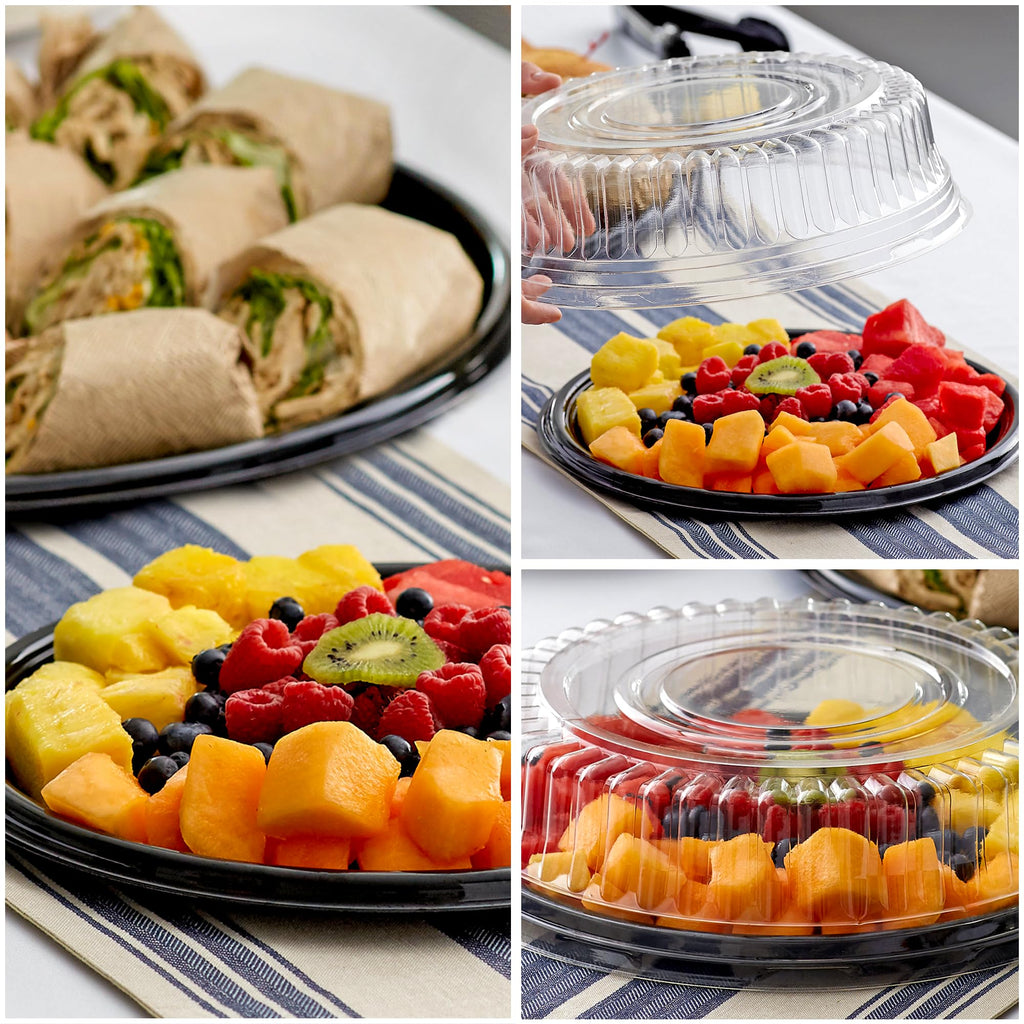 12" Catering Trays with Lids [10 Pack], Black Serving Tray with Clear Lid, Plastic Disposable Round Party Trays and Platters, Flan Containers with Lids, Dessert Sandwich Cookie Food Trays for Parties