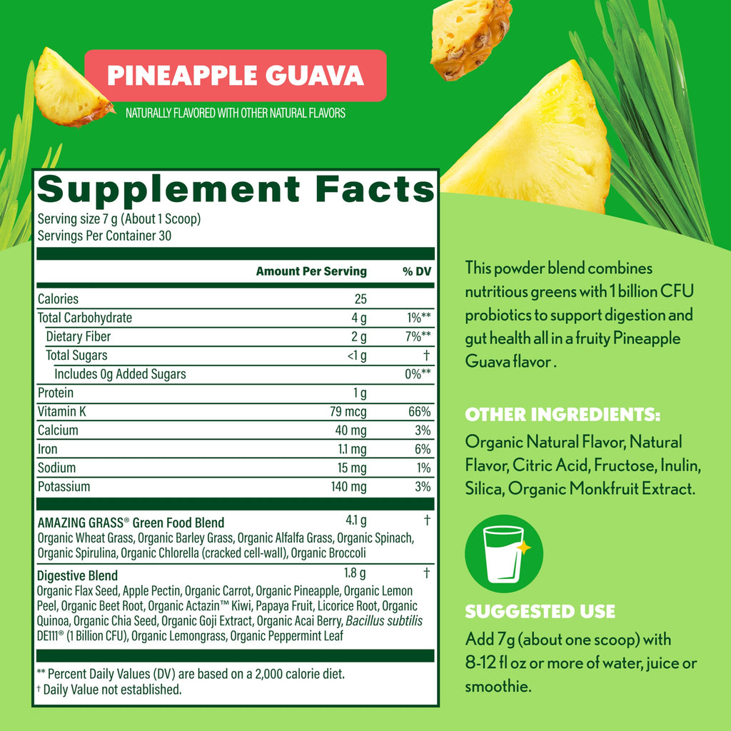 Amazing Grass Super Greens Powder Digest, Organic Greens Blend Smoothie Mix, Digestion Support, Spirulina, Chlorella, Probiotic Drink Mix, Pineapple Guava, 30 Servings, 7.4 Ounce (Packaging May Vary)