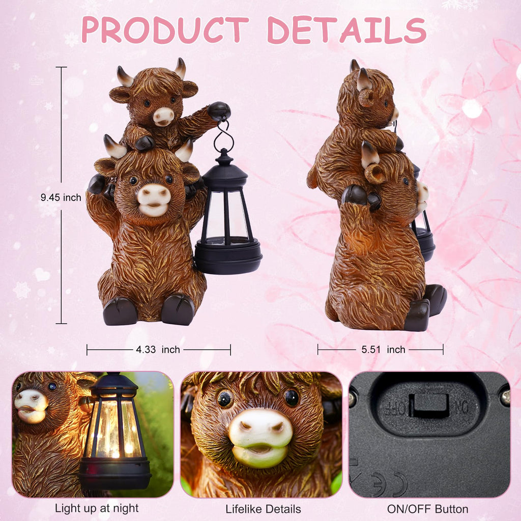 Tiejiajiang Solar Highland Cow Decor - Resin Cow Statue with Solar Lantern