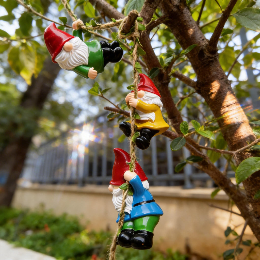 Gnome Garden Hanging Decor, 3 Pack Climbing Gnomes Statues & Solar Lanterns