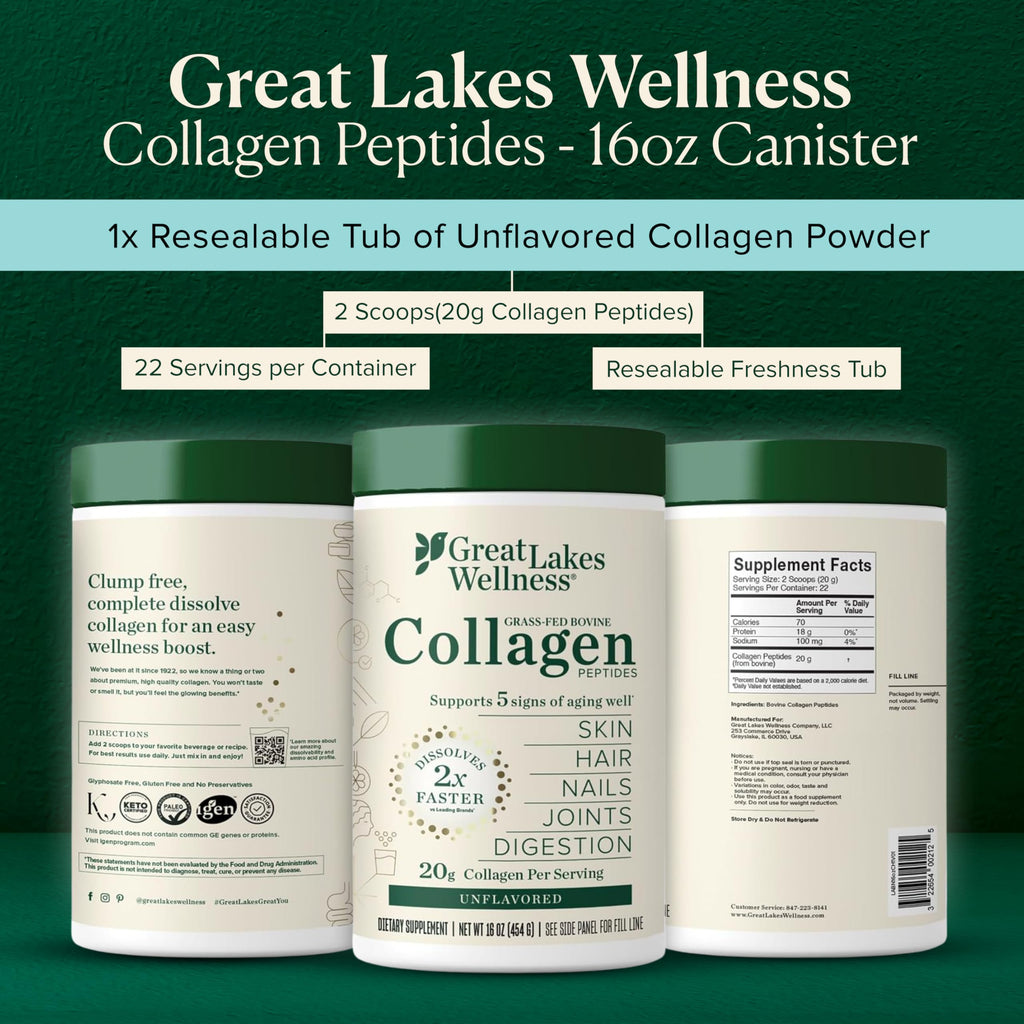 Great Lakes Wellness Collagen Peptides Powder for Skin, Hair, Nails, Joints & Digestion - Unflavored - 22 Servings (Pack of 1)