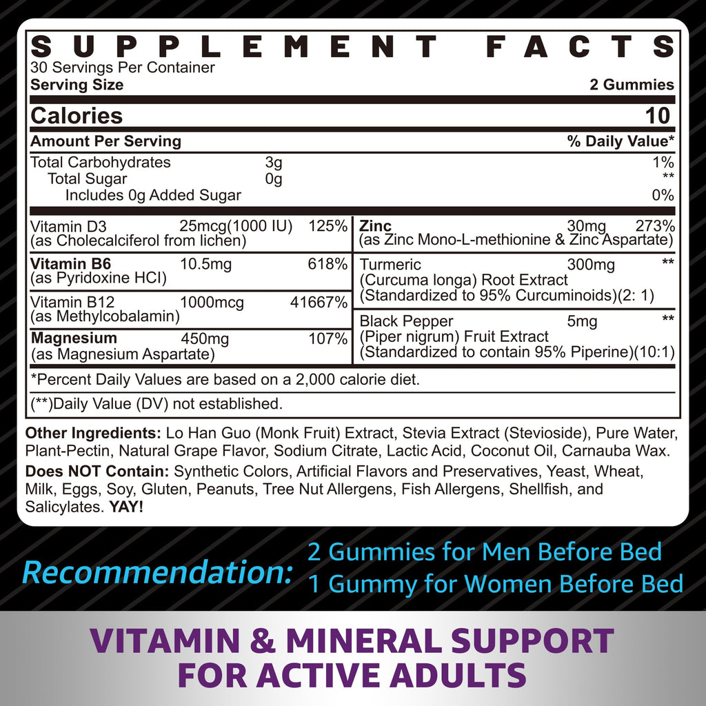 Zinc and Magnesium Supplement, Zinc Magnesium Aspartate Post Workout Gummies for Men Women, with Vitamin B6, B12, D3, Turmeric for Nighttime Recovery, Reduce Fatigue, Boost Immunity & Sleep, 60 Count