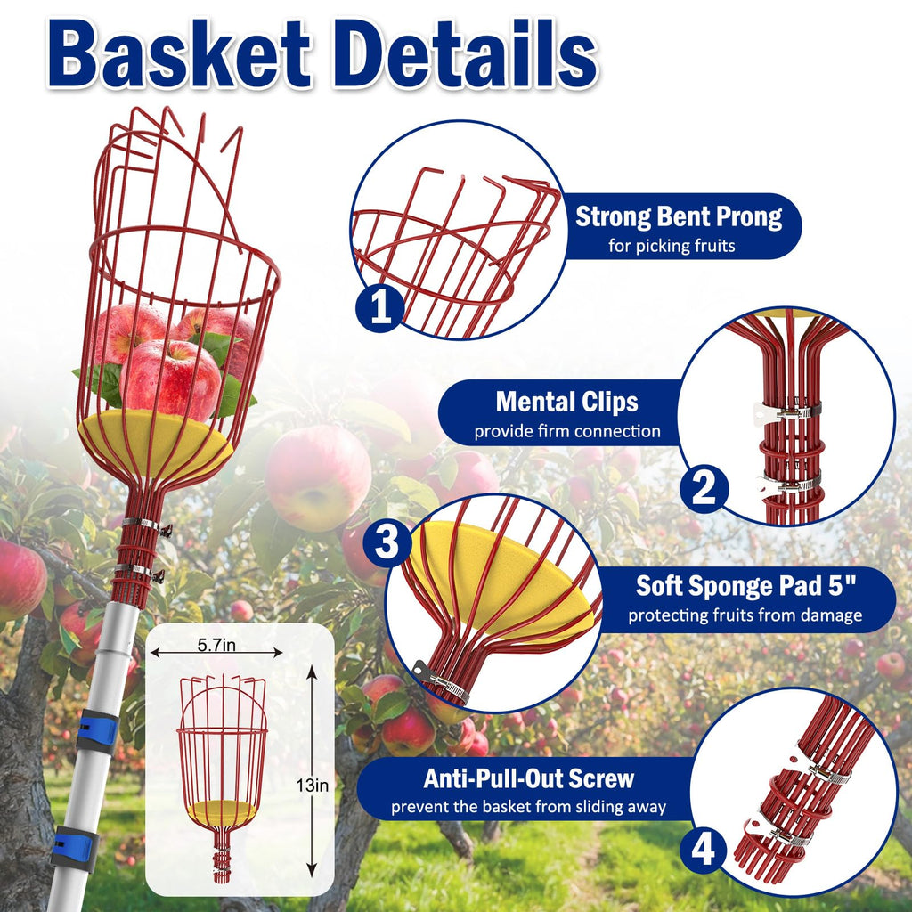 Karveden 18FT Reach Fruit Picker Pole with Basket Telescoping, 3-12FT Extendable Aluminum Apple Picker for Picking Avocados, Figs, Mangoes, Citrus Fruits - Durable Harvesting Fruit Catcher for Trees