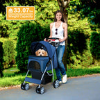 Azaeahom Pet Stroller, 4 Wheels Pet Strolling Cart for Medium/Small Dogs and Cats, Foldable Cat Jogger/Dog Stroller with Cup Holder, Storage Basket, Breathable Mesh, All-Season Pet Carrier, Navy Blue