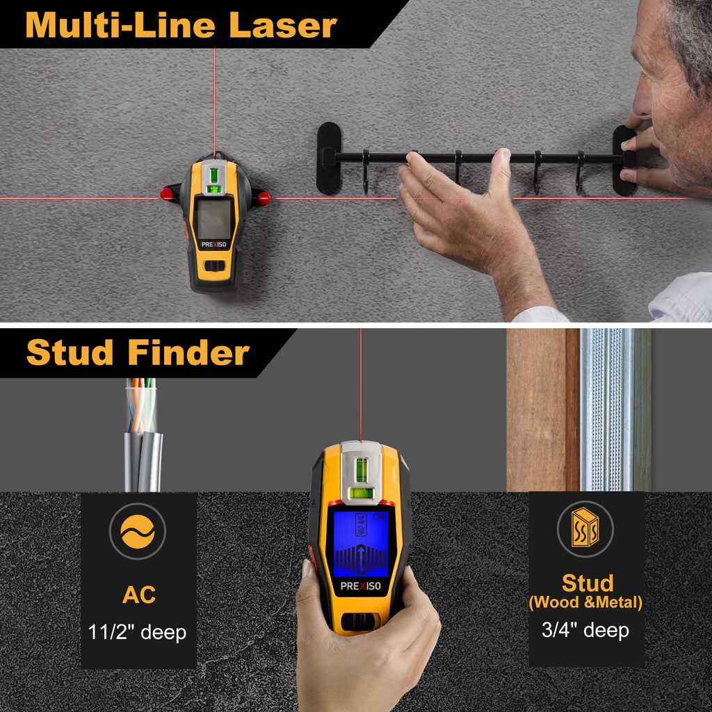 PREXISO 2-in-1 Stud Finder with Laser Level, Rechargeable Multi Surface Cross Line Laser & Wall Stud Scanners Tool for Hanging Frames & Picture, Wood Ac Wire Metal Studs Pipe Detection Gift for Dad
