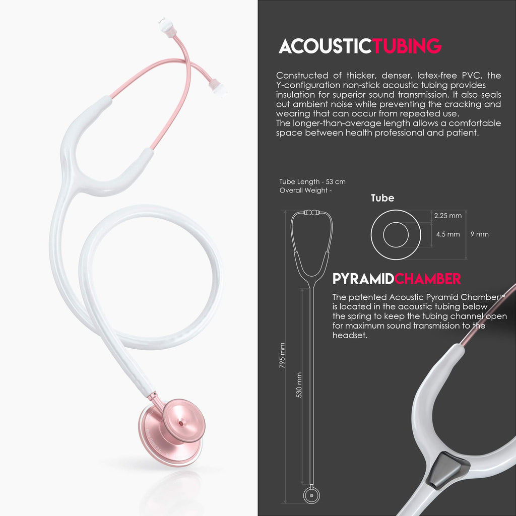 MDF Instruments, Acoustica Lightweight Stethoscope for Doctors, Nurses, Students, Home Health Use, Adult, Dual Head, White Tube, Rosegold (Matte Finish) Chestpiece-Headset, MDF747XPRG29