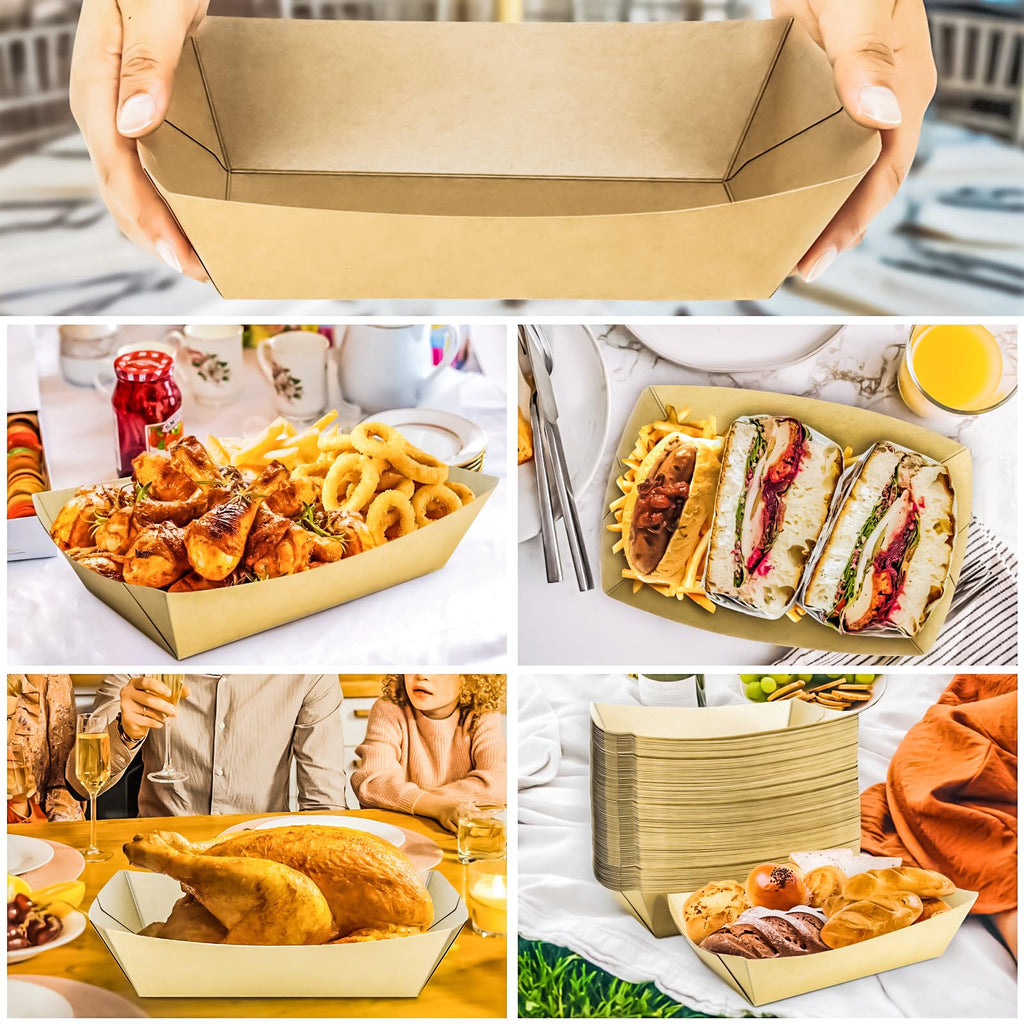 MotBach 100 Pack 5LB Extra Large Paper Food Boats Trays Disposable Paper Boat, Heavy Duty Kraft Food Serving Tray Boat Basket for Snack Popcorn Sandwich Burger Taco BBQ Dessert Fries Nacho