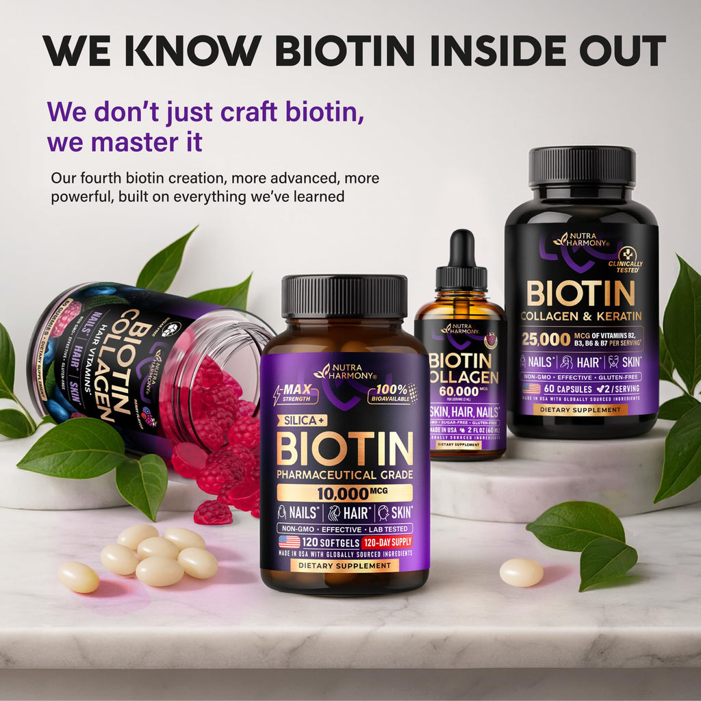 Liquid Biotin & Collagen 60,000 mcg - Vitamins for Hair Growth Support - Extra Strength Drops for Women & Men - Liquid Collagen Supplement - Strong Nails & Healthy Skin - Made in USA - 2 Fl Oz