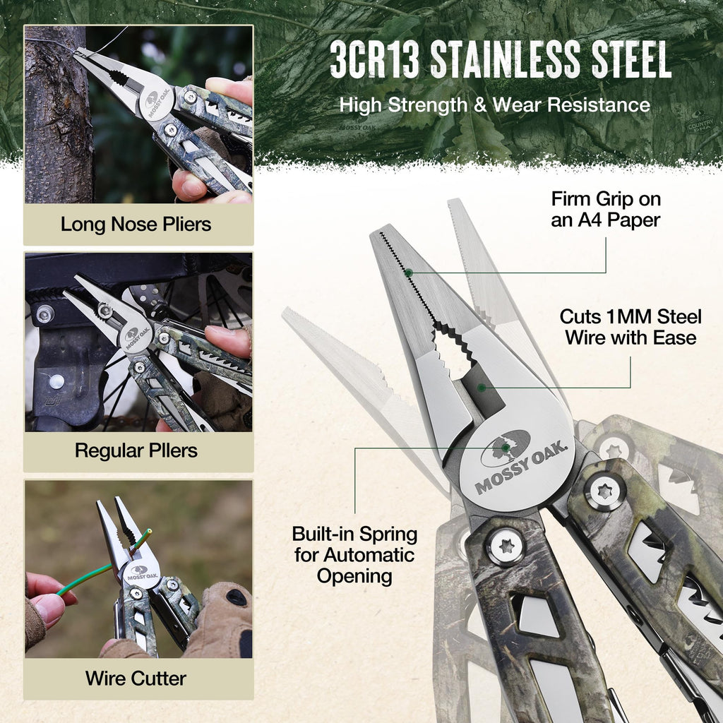 MOSSY OAK Multitool, 22-in-1 Stainless Steel Pliers with Screwdriver Sleeve, Camo Steel Handle, Self-locking Knife with Sheath-Perfect for Outdoor, Survival, Camping, Hiking, Simple Repair