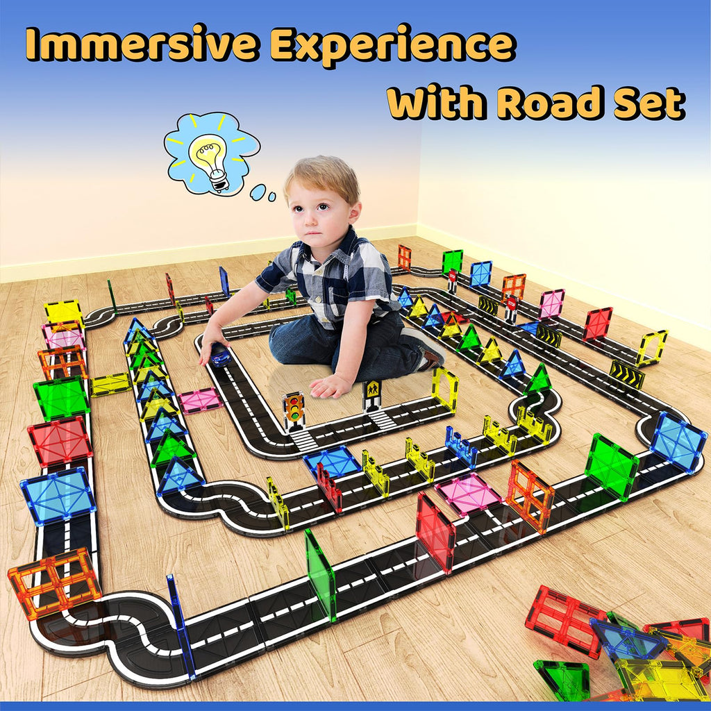 Magnetic Tiles - Road Set, Magnetic Building Blocks, Preschool Montessori Toys Gift for 3+ Year Old Boys and Girls, Sensory Travel Toys for Kids Aged 3-5 and 4-8, Ideas for Toddler with Autism
