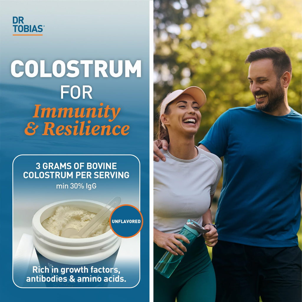 Dr. Tobias Colostrum Powder - Premium Bovine Colostrum Supplement for Immune Support, Gut Health & Muscle Recovery | 3g Per Serving Minimum 30% IgG Unflavored (8 oz 76 Servings)