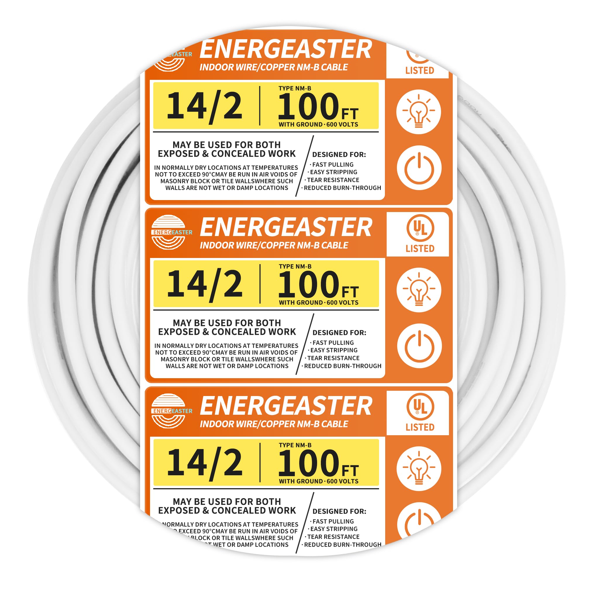 Energeaster Solid Indoor 14/2 W/G NMB Cable 100ft Coil，Electrical Wire 14 Gauge Wire 2 Conductors Non-Metallic with Ground Wire(White)